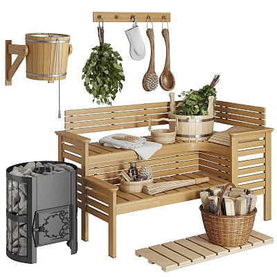 Wooden Storage Bench With Hanging Bucket Green Plants Wooden Spoons And Wicker Basket 3d model