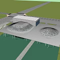 Modern Architectural Structure With Curved Roof Glass Facade White Supports Green Lawn Blue Sky
