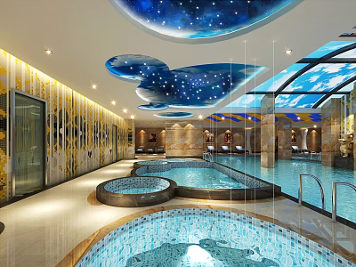 Luxurious Natatorium Interior With Starry Sky Ceiling Glass Skylights And Multiple Pools 3d model