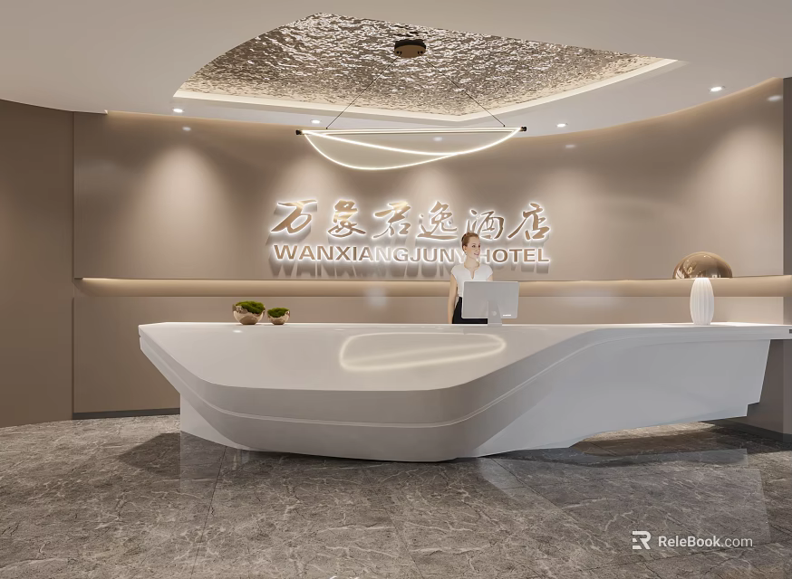 Elegant Hotel Lobby Interior With Modern Reception Desk Lighting And Marble Floor 3d model 