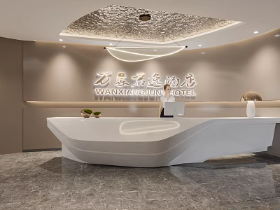 Elegant Hotel Lobby Interior With Modern Reception Desk Lighting And Marble Floor 3d model
