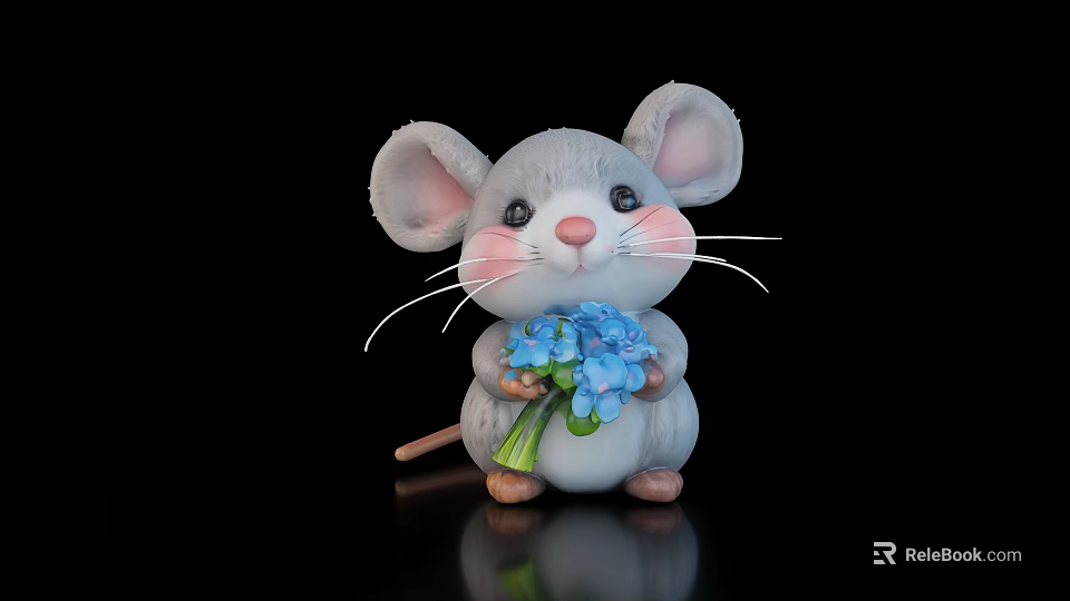 Gray Reptile Toy Holding Blue Flowers On Black Background With Reflection 3d model 