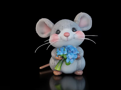 Gray Reptile Toy Holding Blue Flowers On Black Background With Reflection 3d model