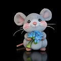 Gray Reptile Toy Holding Blue Flowers On Black Background With Reflection