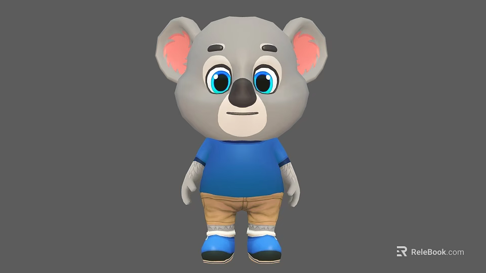 Adorable Gray Koala Game Movie Character with Pink Ears Blue Eyes Blue T-shirt Brown Shorts 3d model 