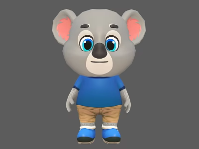Adorable Gray Koala Game Movie Character with Pink Ears Blue Eyes Blue T-shirt Brown Shorts 3d model