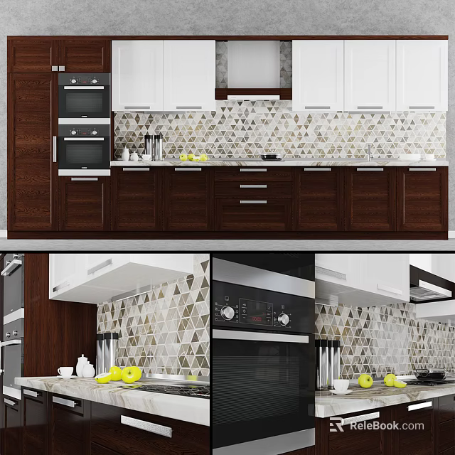 Modern Kitchen Interior With Dark Wood Cabinets And Geometric Tile Backsplash 3d model