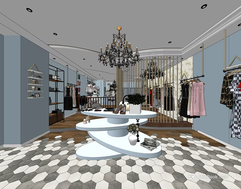 Modern Clothing Store Interior With Chandelier Display Table Hanging Clothes And Hexagonal Floor 3d model 