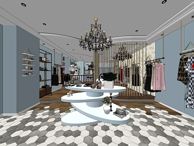 Modern Clothing Store Interior With Chandelier Display Table Hanging Clothes And Hexagonal Floor 3d model
