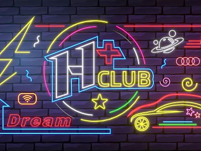 Neon Decorative Lights Featuring H CLUB Lettering On Bricked Wall With Stars Car And Lightning 3d model
