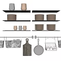 Organized Kitchenware Display With Plates Mugs On Black Shelves And Hanging Pans Chopping Board Baskets