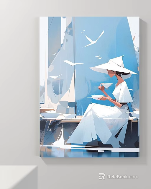 Abstract Painting Depicting Woman in Wide Brim Hat White Dress by Seaside with Sailboats Seagulls 3d model 