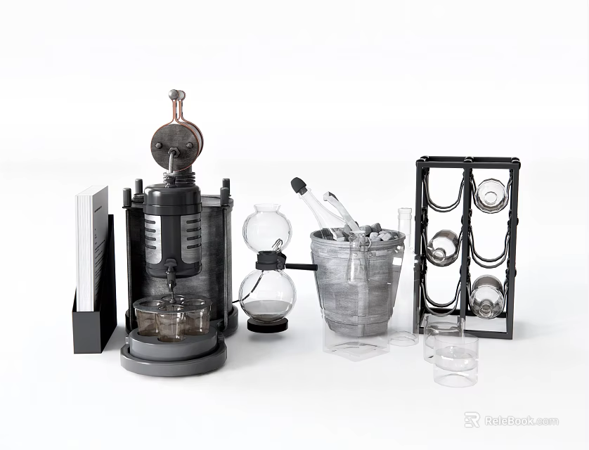 Commercial Bar Equipment With Coffee Machine Mixing Glasses Ice Bucket And Glass Rack 3d model 