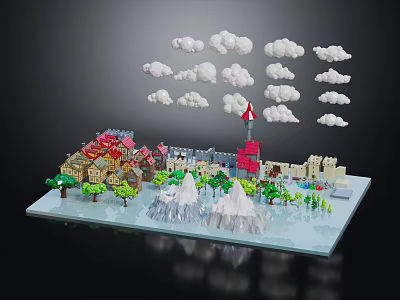 Modern Miniature Scene With Colorful Buildings Red Tower Trees Snowy Mountains And Clouds 3d model