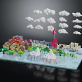 Modern Miniature Scene With Colorful Buildings Red Tower Trees Snowy Mountains And Clouds