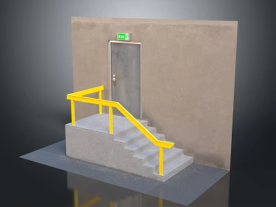Restaurant Exit Door With Yellow Handrails Green Sign And Concrete Stairs 3d model