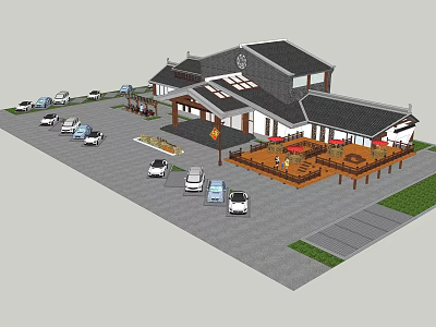 Traditional Style Building Exterior With White Walls Wooden Platform And Parking Area 3d model