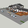 Traditional Style Building Exterior With White Walls Wooden Platform And Parking Area
