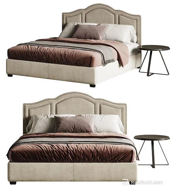 Modern Double Bed With Upholstered Headboard Beige Brown Bedding And Side Table 3d model