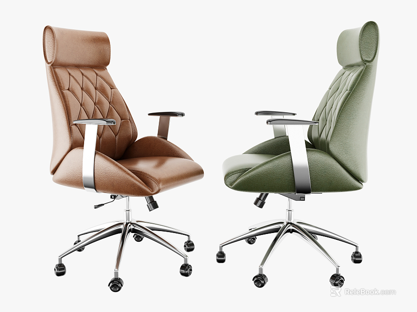 Modern Office Chairs Brown Green With Quilted Backrest Chrome Base Swivel Wheels 3d model 