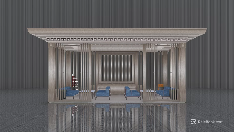 Modern Metal Pergola Interior With Blue Sofas And Decorative Vertical Slats 3d model