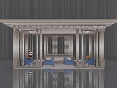 Modern Metal Pergola Interior With Blue Sofas And Decorative Vertical Slats 3d model