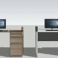 Modern Wooden Office Desk With Computer Monitor Keyboard Mouse And Drawers