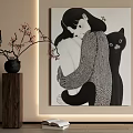 Figure Painting of Two Women Embracing in Knitted Sweater with Black Cat Branches and Open Book