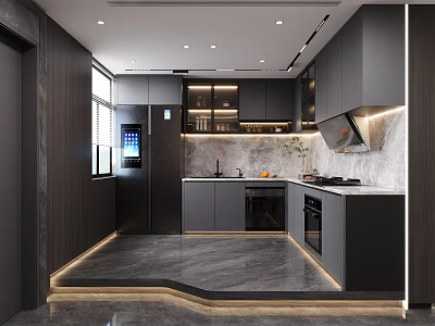 Modern Kitchen Interior Design With Dark Cabinets Marble Countertops Island And Appliances 3d model