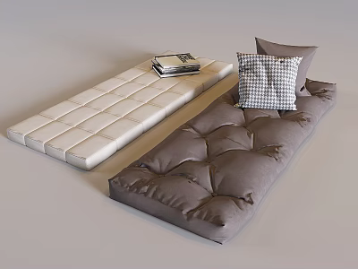 Soft Upholstered Cushions In Beige And Brown With Checkered Pillow And Stacked Books 3d model