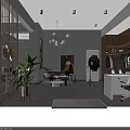 Modern Clothing Store Interior With Stylish Display Racks Green Plants Sofa And Chandelier