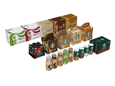 Various Types of Starbucks Coffee Beverages Including Bottles And Packages 3d model