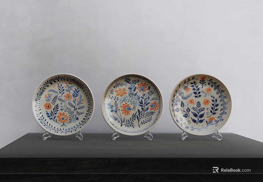 Vintage Ceramic Plates with Floral Patterns in Blue White and Orange on Black Stand 3d model 