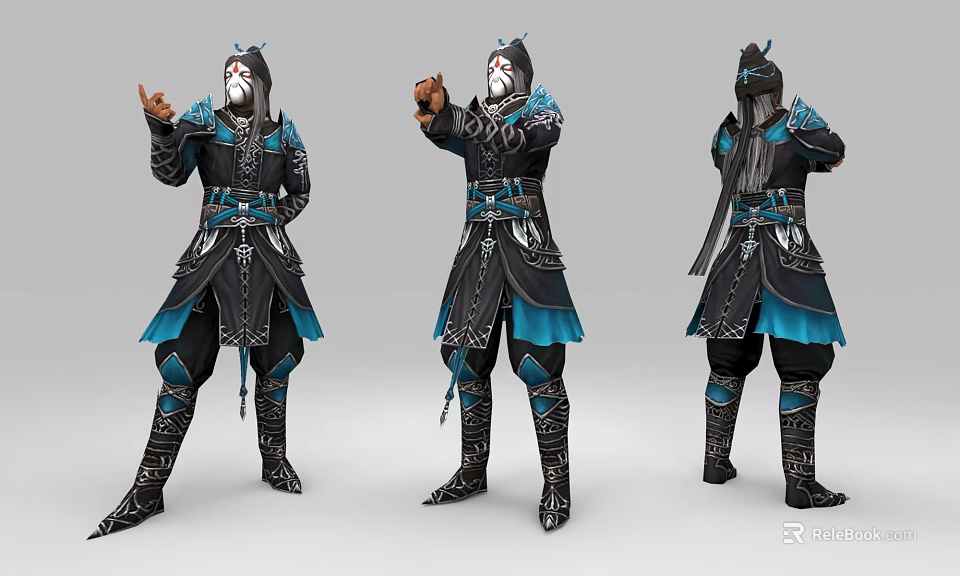 Game Film Character 3D Model with Dark Blue Outfit and White Hair Multiple Views 3d model 