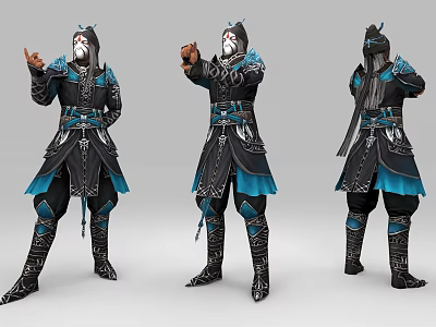Game Film Character 3D Model with Dark Blue Outfit and White Hair Multiple Views 3d model