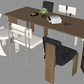 Modern Rectangular Wooden Dining Table Set With White Gray Chairs Potted Plant Notebook And Plate 3d model