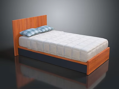 Double Bed With Wooden Headboard Mattress And Blue White Checkered Pillows 3d model