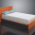 Double Bed With Wooden Headboard Mattress And Blue White Checkered Pillows