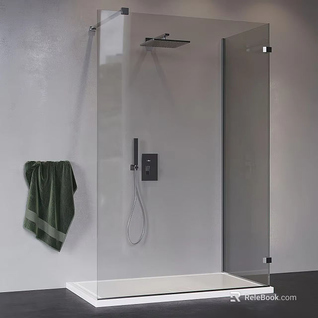 Modern Shower Sauna Interior Design With White Wall Green Towel Handheld Shower And Glass Partition 3d model 