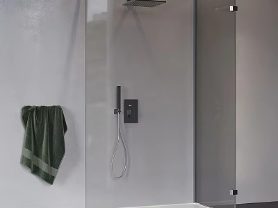 Modern Shower Sauna Interior Design With White Wall Green Towel Handheld Shower And Glass Partition 3d model