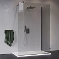 Modern Shower Sauna Interior Design With White Wall Green Towel Handheld Shower And Glass Partition