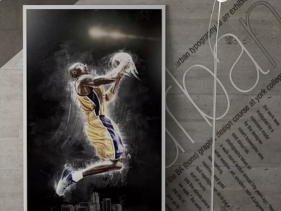 Basketball Player Painting Jumping To Shoot Ball In Yellow Jersey With City Background 3d model