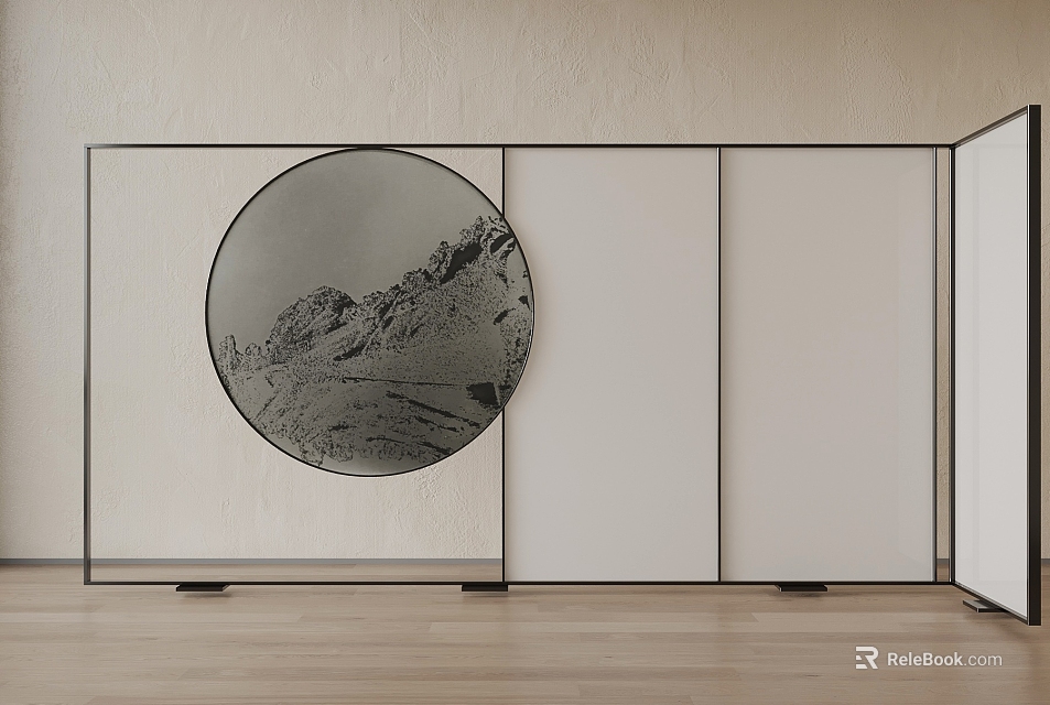 Round Mirror With Mountain Reflection In Modern Interior With White Sliding Doors And Wooden Floor 3d model 