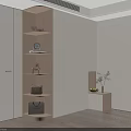 Modern Minimalist Wardrobe Interior with Open Wooden Shelves Decorative Items and Side Cabinet Plant