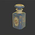 Blue Decorative Perfume Bottle With Floral Designs And White Enamel Lid