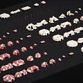 Multiple red and white tents arranged on black background with white structures nearby