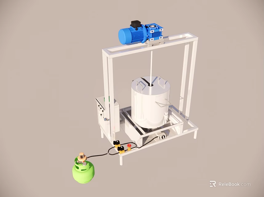 Industrial Equipment With White Frame Blue Motor Cylindrical Container And Green Gas Cylinder 3d model 