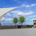 Welcoming Entrance Gate With White Membrane Stone Wall Iron Fence Green Trees And Blue Sky