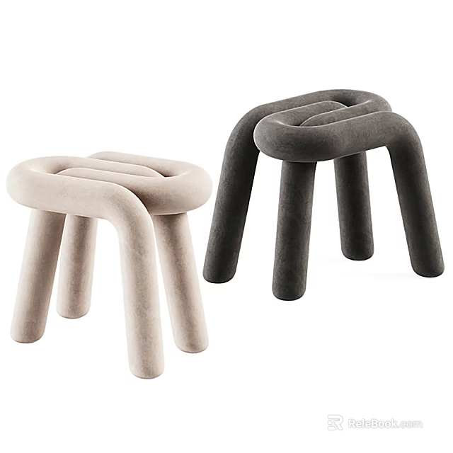 Velvet Upholstered Modern Stools With Curved Tubular Design In Beige And Dark Gray 3d model 