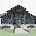 Modern Museum Architecture With Glass Facade Arched Roof And Green Hills